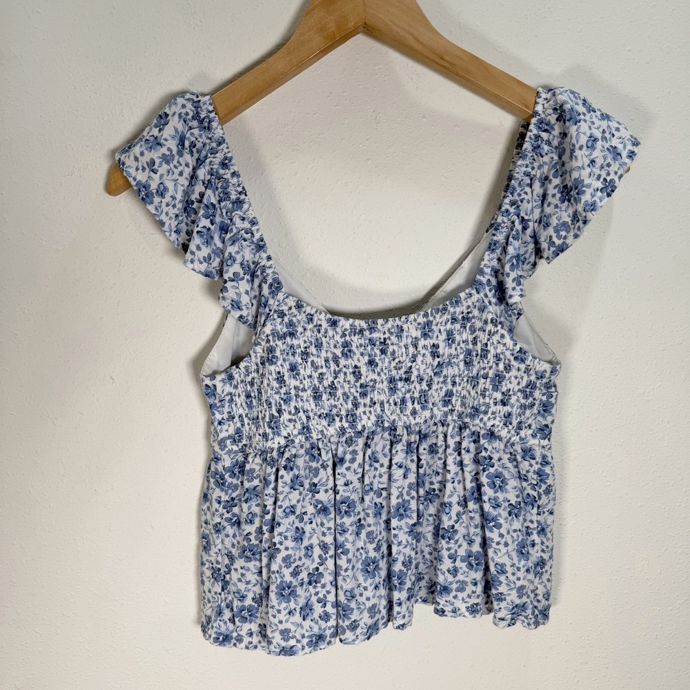Hollister Babydoll Crop Top Blue Floral Smocked Back Sz XS Coquette Cottage - Picture 7 of 8